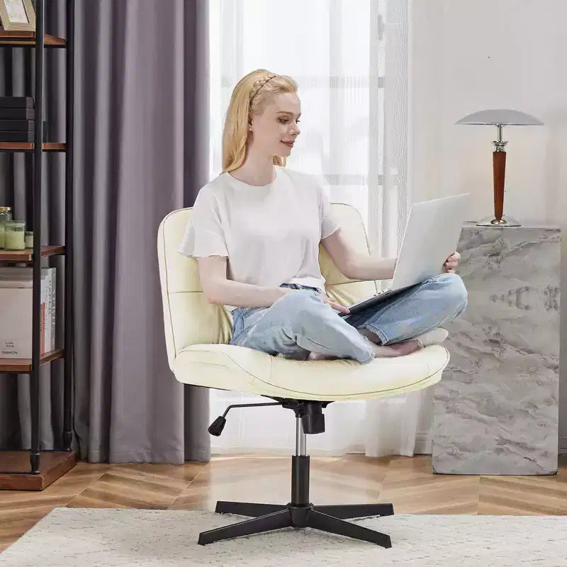 Silla con las patas cruzadas, escritorio de oficina sin brazos con asiento ancho sin ruedas, cómoda, giratoria y regulable en altura