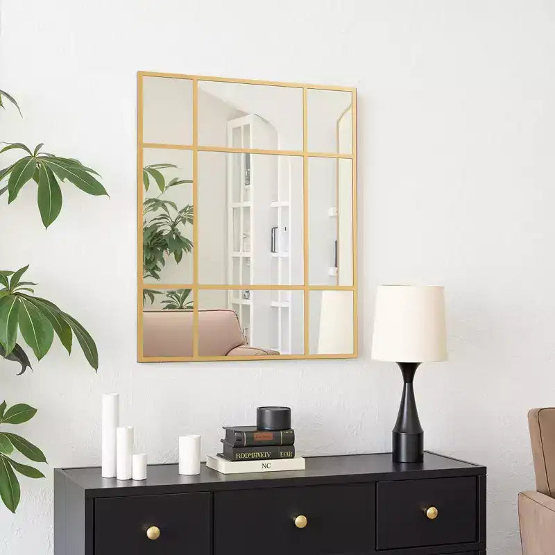 Golden Window Frame Hanging Mirror with Right Angled Rectangular Design in Iron, 100x75x2cm