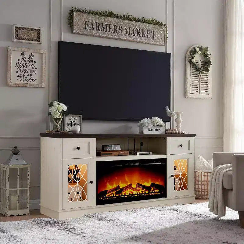 Dyonery Fireplace TV Stand for 80 Inch TV, Entertainment Center withFireplace & LED Lights, with Storage Drawers & Cabinets for Living Room, White