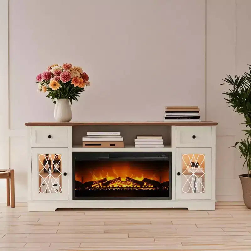 Mueble para TV con chimenea para televisores de hasta 80 pulgadas, centro de entretenimiento con chimenea y luces LED, cajones de almacenamiento y gabinetes para sala de estar, blanco