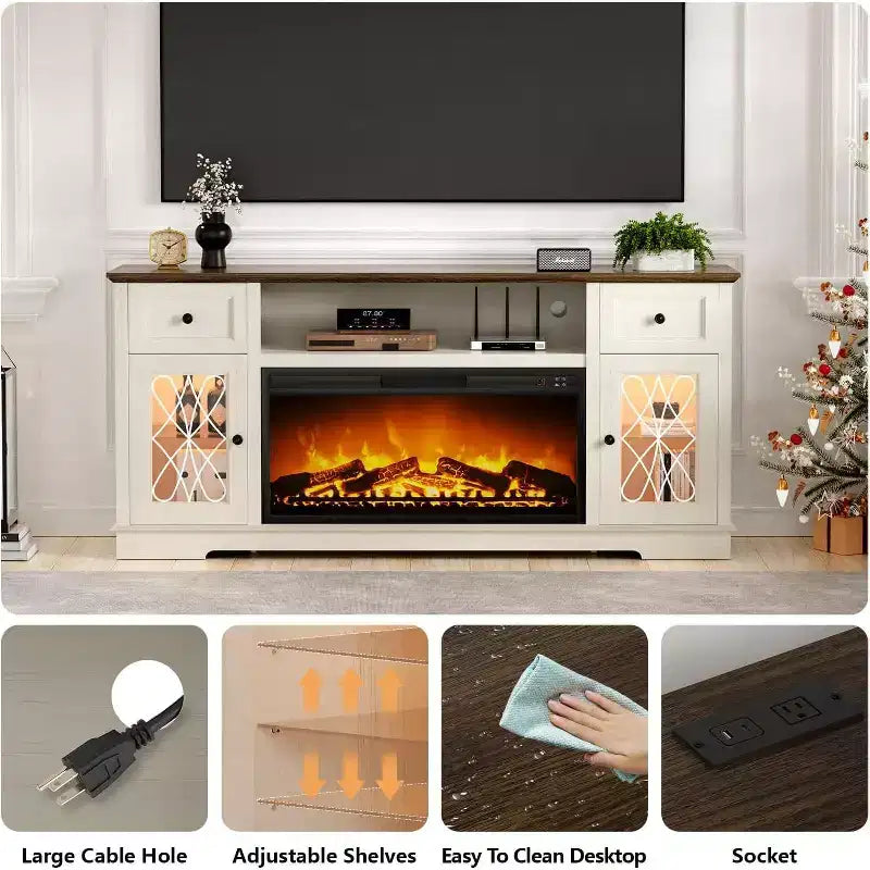 Mueble para TV con chimenea para televisores de hasta 80 pulgadas, centro de entretenimiento con chimenea y luces LED, cajones de almacenamiento y gabinetes para sala de estar, blanco