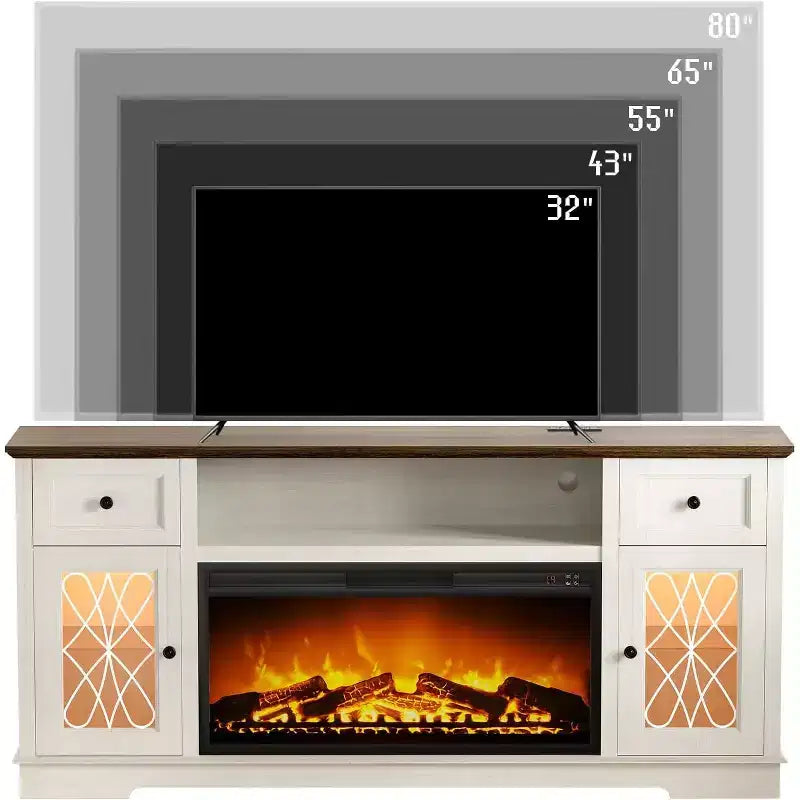 Mueble para TV con chimenea para televisores de hasta 80 pulgadas, centro de entretenimiento con chimenea y luces LED, cajones de almacenamiento y gabinetes para sala de estar, blanco