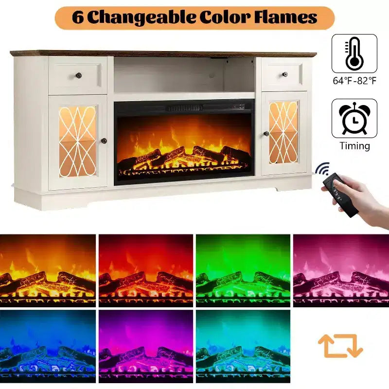 Mueble para TV con chimenea para televisores de hasta 80 pulgadas, centro de entretenimiento con chimenea y luces LED, cajones de almacenamiento y gabinetes para sala de estar, blanco