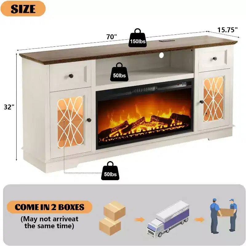 Mueble para TV con chimenea para televisores de hasta 80 pulgadas, centro de entretenimiento con chimenea y luces LED, cajones de almacenamiento y gabinetes para sala de estar, blanco