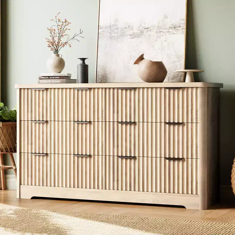 Fluted Dresser with 6 Drawers, Modern Dresser with Wood Top, Clothes Storage for Bedroom Living Room