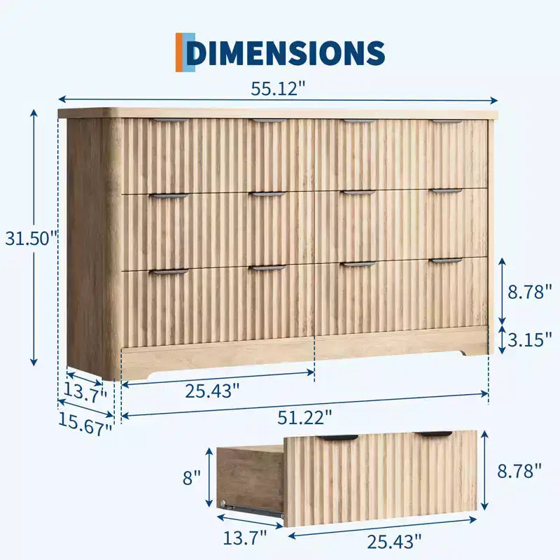 Cómoda Acanalada con 6 Cajones, Cómoda Moderna con Cubierta de Madera, Almacenamiento de Ropa para Dormitorio y Sala de Estar