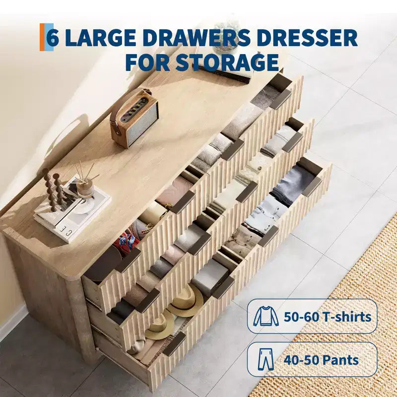 Cómoda Acanalada con 6 Cajones, Cómoda Moderna con Cubierta de Madera, Almacenamiento de Ropa para Dormitorio y Sala de Estar