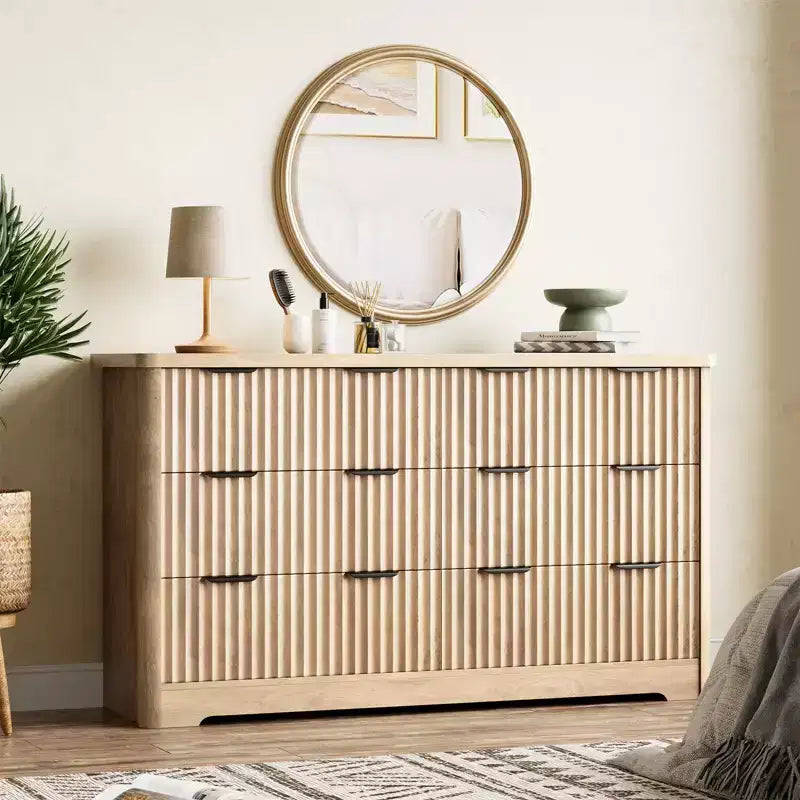 Cómoda Acanalada con 6 Cajones, Cómoda Moderna con Cubierta de Madera, Almacenamiento de Ropa para Dormitorio y Sala de Estar