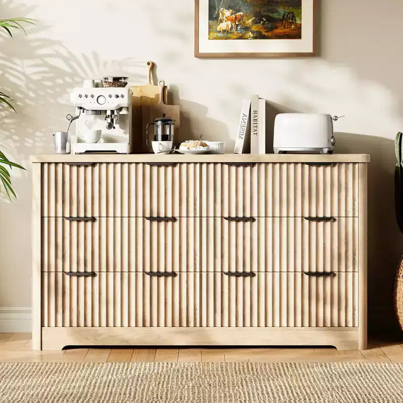 Cómoda Acanalada con 6 Cajones, Cómoda Moderna con Cubierta de Madera, Almacenamiento de Ropa para Dormitorio y Sala de Estar