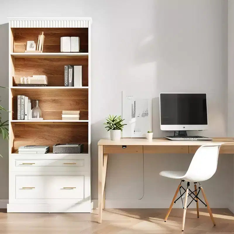 MAYEERTY White Bookcase with 2 Drawers & Open Shelves, Freestanding Storage Shelf for Living Room, Bedroom & Study