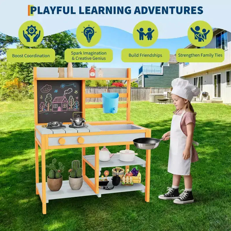 Outdoor Wooden Mud Kitchen for Kids with Removable Sink & Faucet, Dual-Sided Chalkboard, Storage Shelves & Pretend Stove