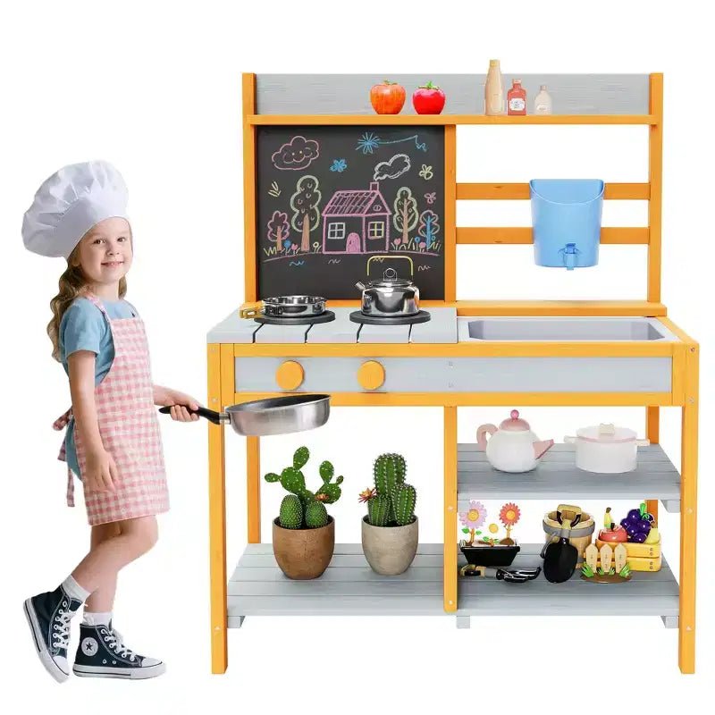 Cocina de Barro de Madera para Niños con Fregadero Removible y Grifo, Pizarra de Doble Cara, Estantes de Almacenamiento y Estufa de Juguete