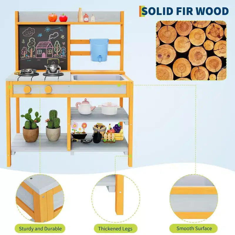 Cocina de Barro de Madera para Niños con Fregadero Removible y Grifo, Pizarra de Doble Cara, Estantes de Almacenamiento y Estufa de Juguete