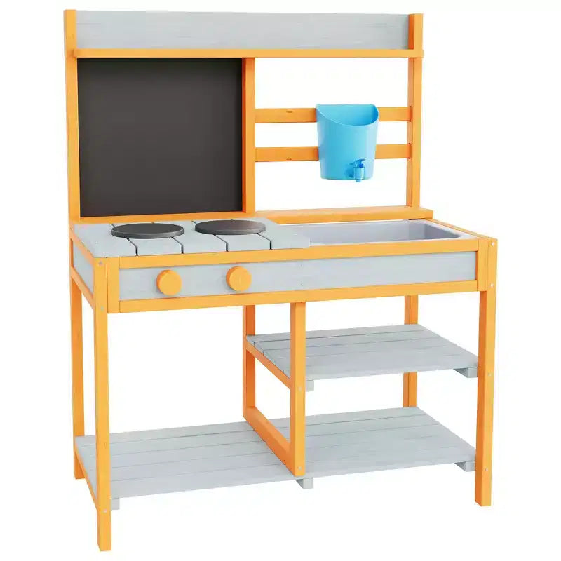 Cocina de Barro de Madera para Niños con Fregadero Removible y Grifo, Pizarra de Doble Cara, Estantes de Almacenamiento y Estufa de Juguete
