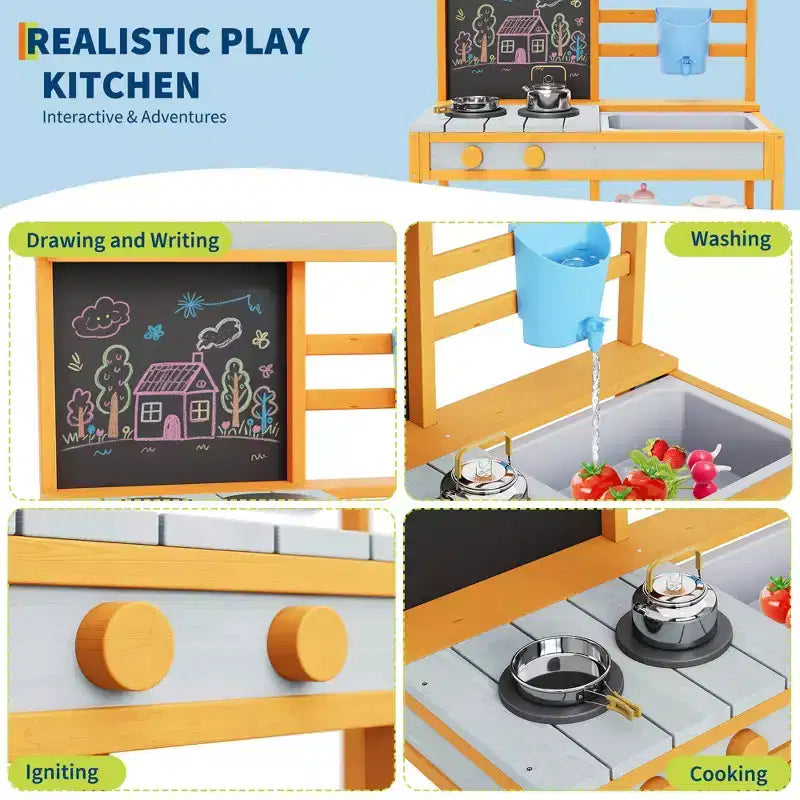 Cocina de Barro de Madera para Niños con Fregadero Removible y Grifo, Pizarra de Doble Cara, Estantes de Almacenamiento y Estufa de Juguete