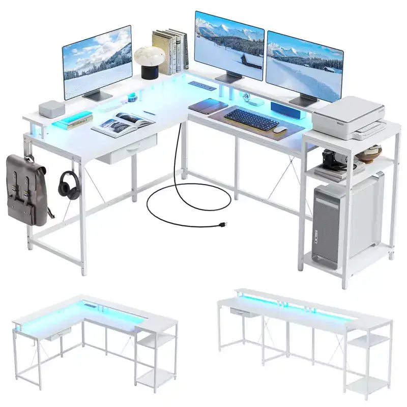 Escritorio de juegos de 68 pulgadas, con tomas de corriente y monitor, escritorio de esquina para computadora, escritorio de oficina en casa, para el hogar, la oficina, la sala de estar