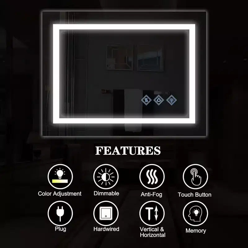 Espejo de baño LED de 32x24 pulgadas, espejo de tocador con iluminación frontal y trasera, antivaho, función de memoria, luz ajustable (3000K-6000K), montado en la pared