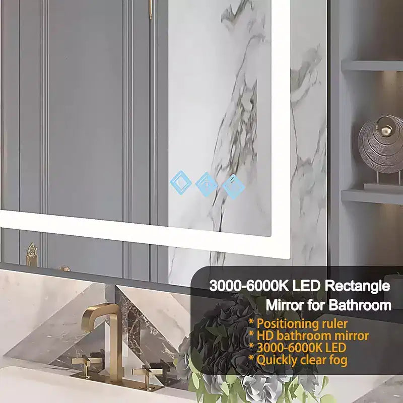 Espejo de baño LED de 32x24 pulgadas, espejo de tocador con iluminación frontal y trasera, antivaho, función de memoria, luz ajustable (3000K-6000K), montado en la pared