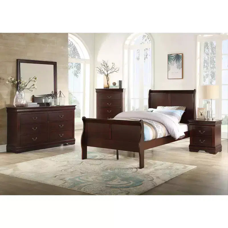 Okak 41 Twin Sleigh Bed Solid Wood Youth Bed Frame with Headboard/Footboard, Low Profile Safe Design for Kids Room, Cherry