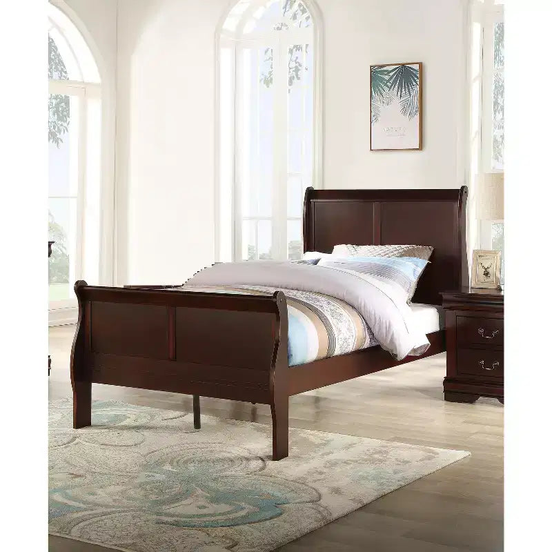 Cama doble tipo trineo, estructura de cama juvenil de madera maciza con cabecero/piecero, diseño de perfil bajo seguro para habitación infantil, cerezo