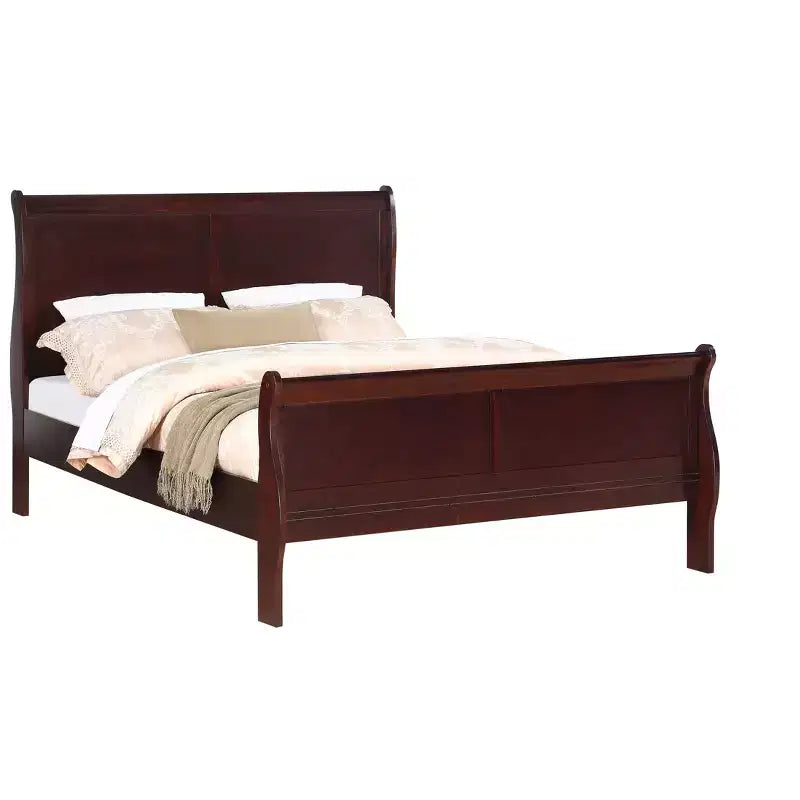 Cama doble tipo trineo, estructura de cama juvenil de madera maciza con cabecero/piecero, diseño de perfil bajo seguro para habitación infantil, cerezo