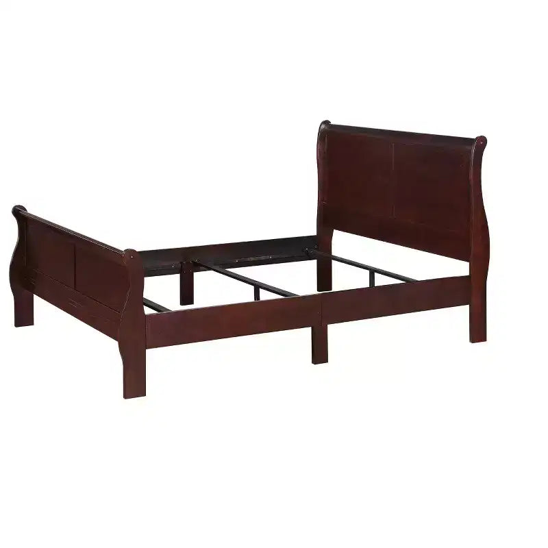 Cama doble tipo trineo, estructura de cama juvenil de madera maciza con cabecero/piecero, diseño de perfil bajo seguro para habitación infantil, cerezo