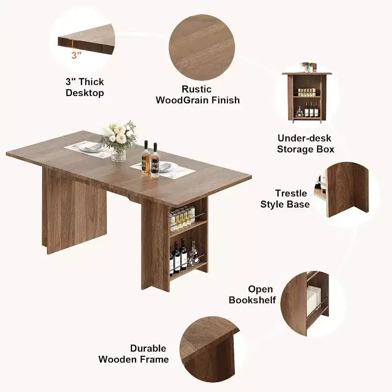 Mesa de comedor rústica de 63 pulgadas, mesa de cocina de madera con almacenamiento lateral, capacidad para 4-6 personas, para comedor/oficina en casa