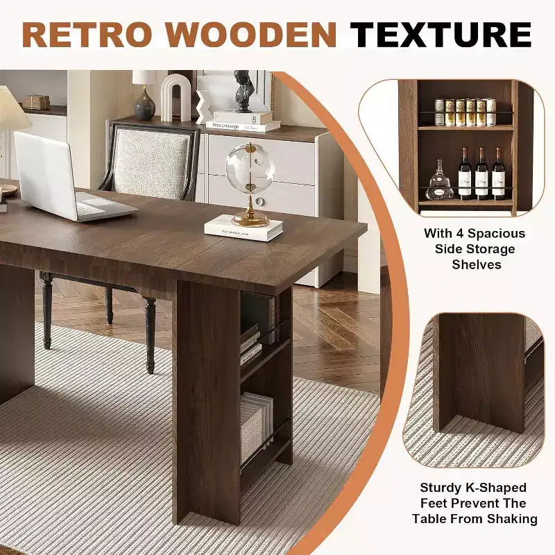 Mesa de comedor rústica de 63 pulgadas, mesa de cocina de madera con almacenamiento lateral, capacidad para 4-6 personas, para comedor/oficina en casa