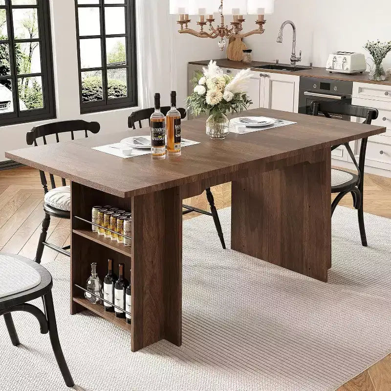 Mesa de comedor rústica de 63 pulgadas, mesa de cocina de madera con almacenamiento lateral, capacidad para 4-6 personas, para comedor/oficina en casa