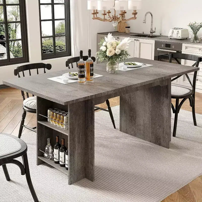 Mesa de comedor rústica de 63 pulgadas, mesa de cocina de madera con almacenamiento lateral, capacidad para 4-6 personas, para comedor/oficina en casa