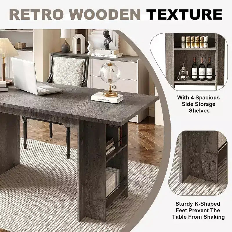 Mesa de comedor rústica de 63 pulgadas, mesa de cocina de madera con almacenamiento lateral, capacidad para 4-6 personas, para comedor/oficina en casa