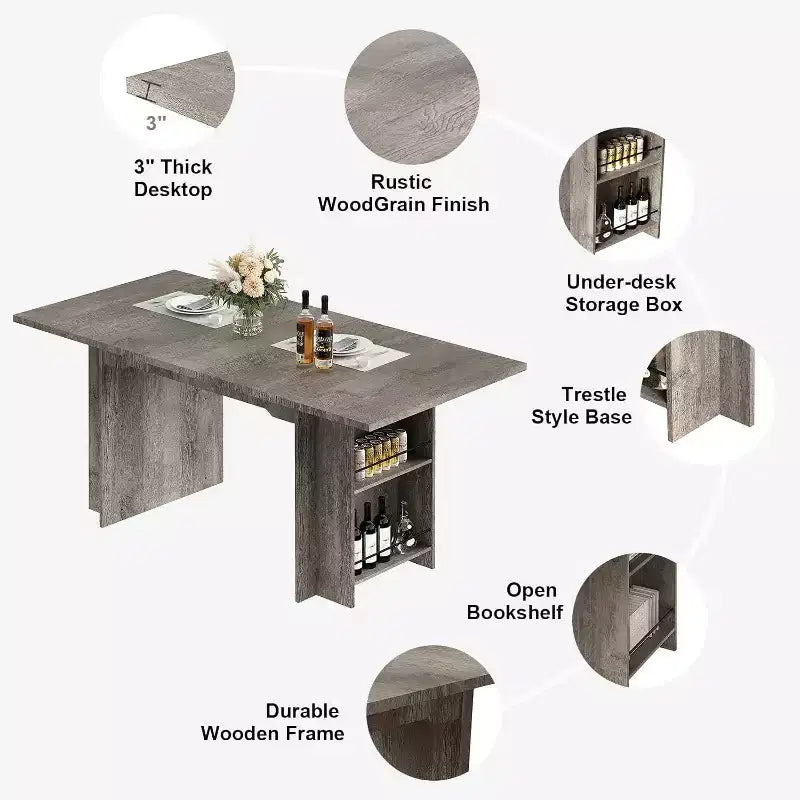 Mesa de comedor rústica de 63 pulgadas, mesa de cocina de madera con almacenamiento lateral, capacidad para 4-6 personas, para comedor/oficina en casa