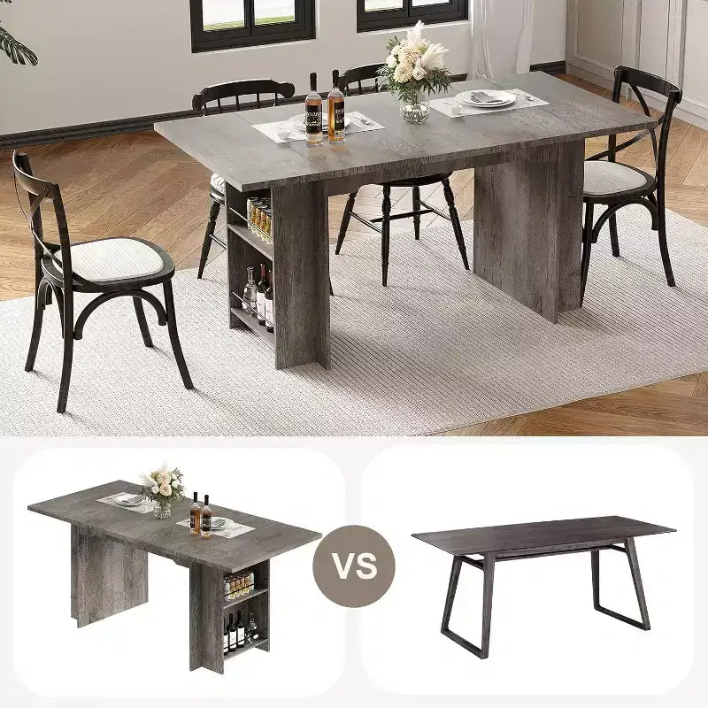 Mesa de comedor rústica de 63 pulgadas, mesa de cocina de madera con almacenamiento lateral, capacidad para 4-6 personas, para comedor/oficina en casa