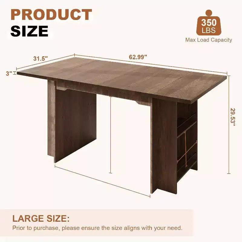 Mesa de comedor rústica de 63 pulgadas, mesa de cocina de madera con almacenamiento lateral, capacidad para 4-6 personas, para comedor/oficina en casa