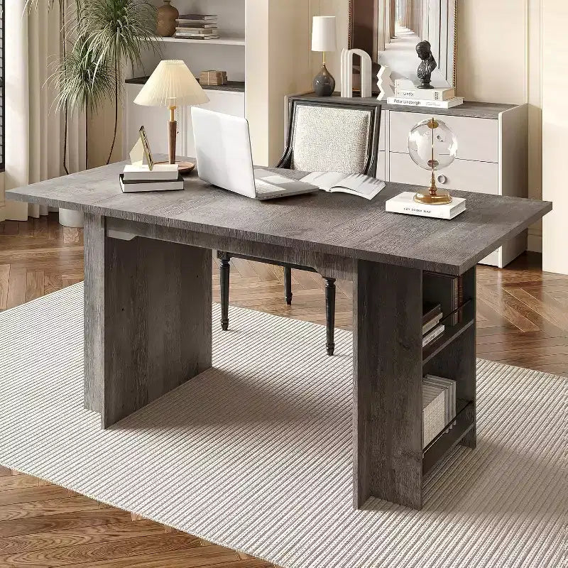 63-Inch Farmhouse Dining Table, Wood Kitchen Table with Side Storage, Seats 4-6 People, for Dining Room/Home Office Use