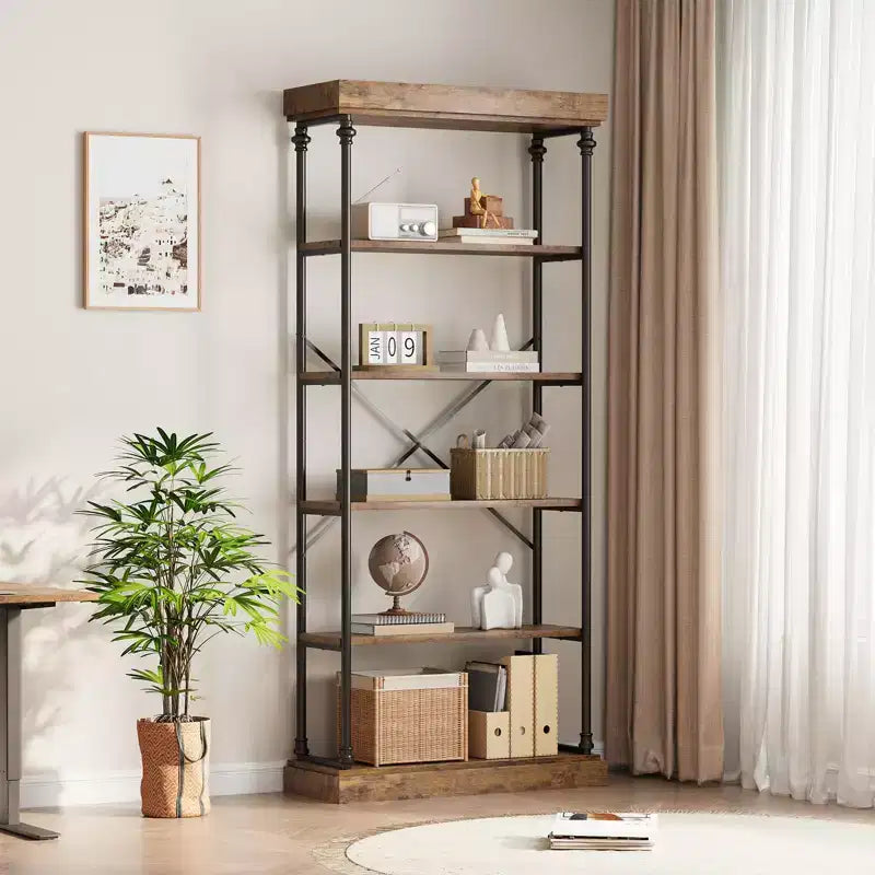 Industrial Bookshelf Wood Bookcase 6 Tier Storage Open Rack Shelf with Metal Frame Rustic Tall Standing Bookshelves Large Display Rack for Bedroom