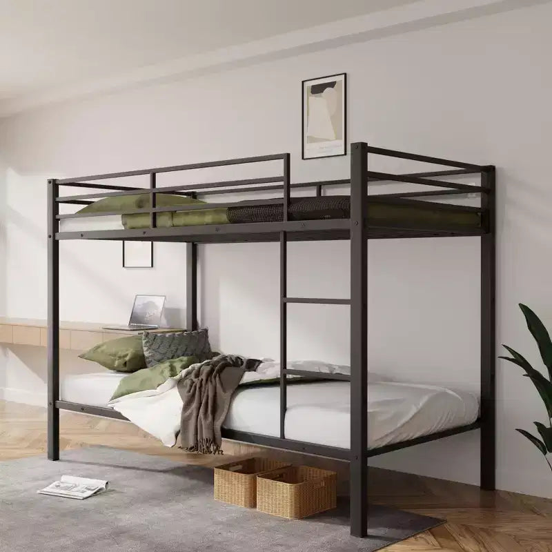 Twin Over Twin Bunk Bed with Ladder  Metal Frame with High Guardrail and Metal Slats  No Box Spring Needed  Sturdy and Space-Saving