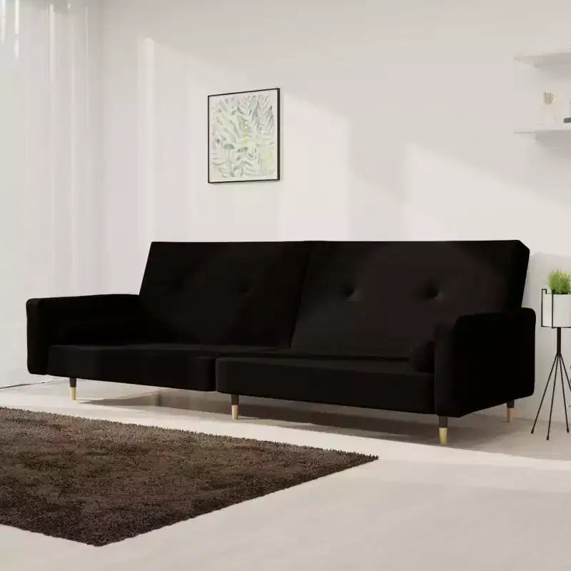 Sofá cama de 2 plazas con dos almohadas de terciopelo negro - Negro