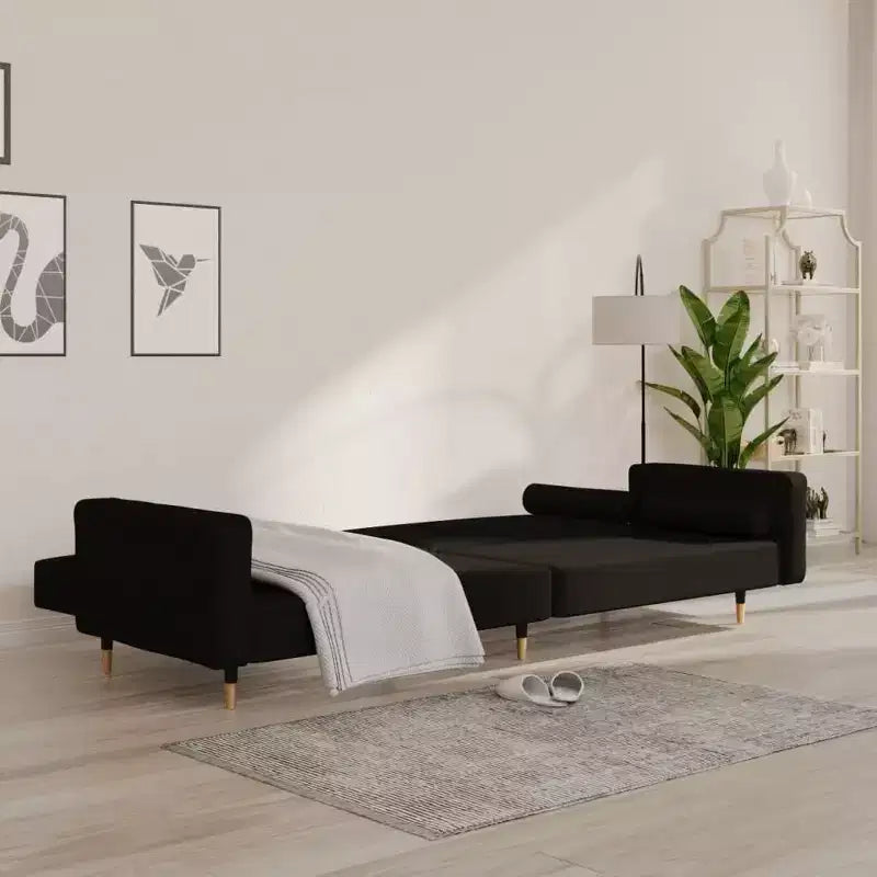 Sofá cama de 2 plazas con dos almohadas de terciopelo negro - Negro