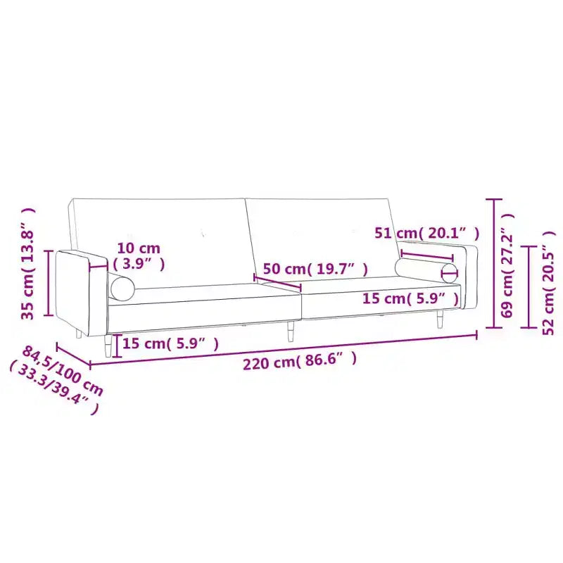 Sofá cama de 2 plazas con dos almohadas de terciopelo negro - Negro