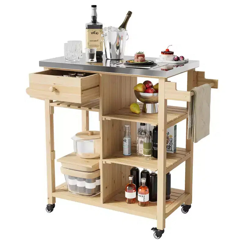 Outdoor Grill Cart Patio Bar Cart Prep Table with Drawer, Towel Racks, Open Shelves, Stainless Steel Top, Wheels, Portable Kitchen Rolling Island