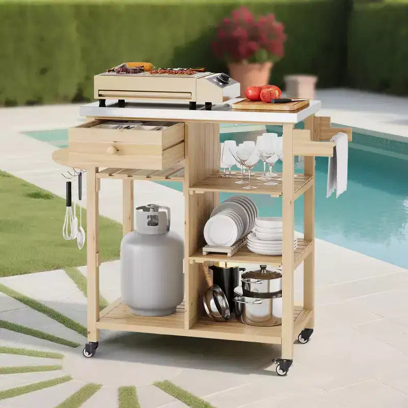 Mesa de preparación para exteriores, carrito de bar para patio con cajón, toalleros, estantes abiertos, parte superior de acero inoxidable, ruedas, isla rodante de cocina portátil