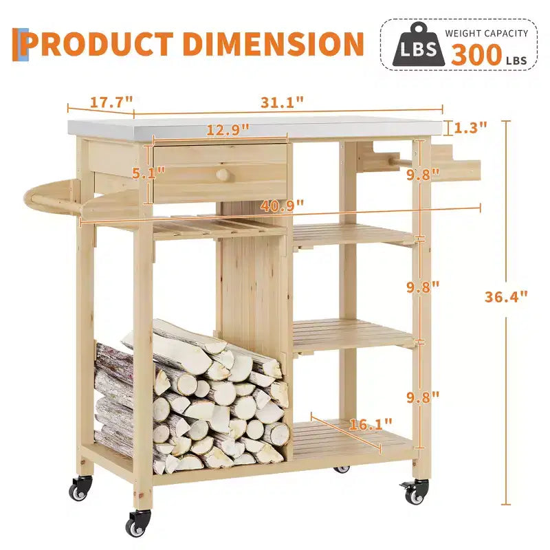 Mesa de preparación para exteriores, carrito de bar para patio con cajón, toalleros, estantes abiertos, parte superior de acero inoxidable, ruedas, isla rodante de cocina portátil