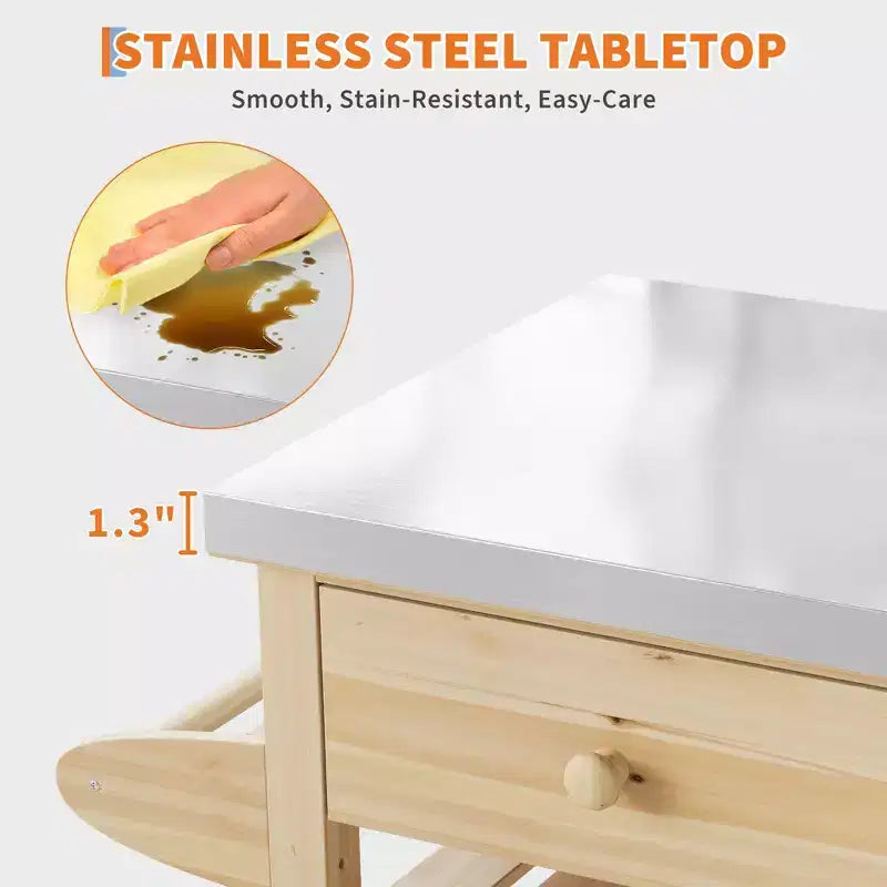 Mesa de preparación para exteriores, carrito de bar para patio con cajón, toalleros, estantes abiertos, parte superior de acero inoxidable, ruedas, isla rodante de cocina portátil