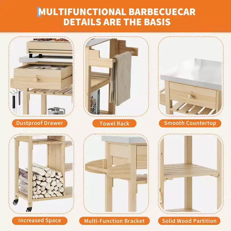 Mesa de preparación para exteriores, carrito de bar para patio con cajón, toalleros, estantes abiertos, parte superior de acero inoxidable, ruedas, isla rodante de cocina portátil