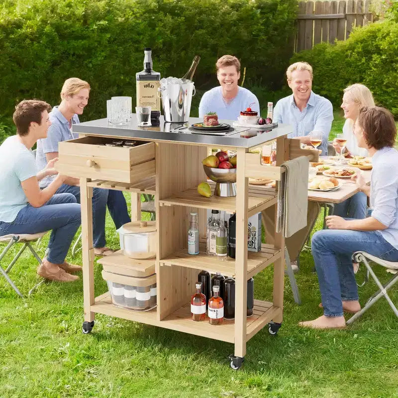 Mesa de preparación para exteriores, carrito de bar para patio con cajón, toalleros, estantes abiertos, parte superior de acero inoxidable, ruedas, isla rodante de cocina portátil