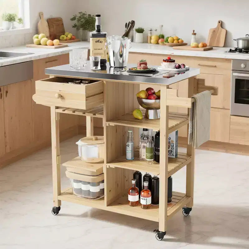 Mesa de preparación para exteriores, carrito de bar para patio con cajón, toalleros, estantes abiertos, parte superior de acero inoxidable, ruedas, isla rodante de cocina portátil