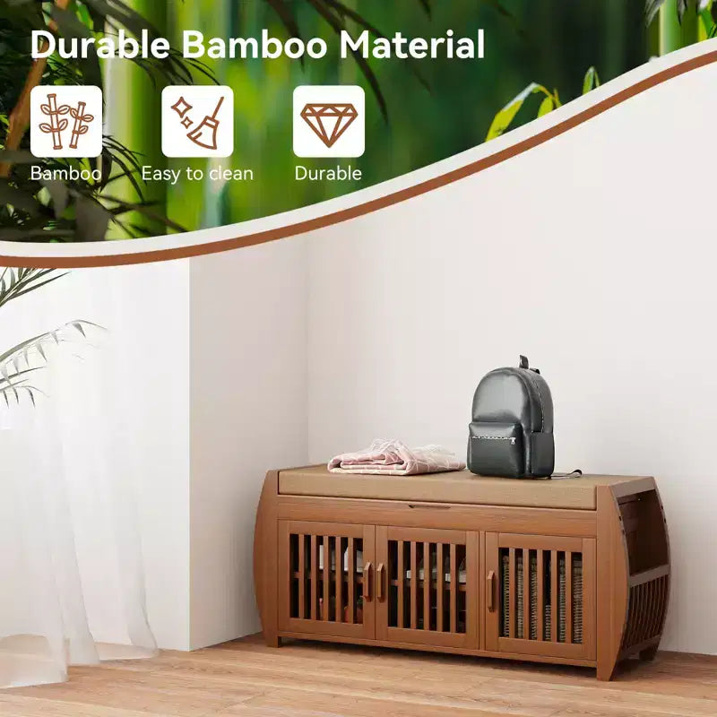 Zapatero extragrande de 102 cm con almacenamiento - Diseño de 3 puertas, Almacenamiento de botas y compartimento oculto, Bambú marrón