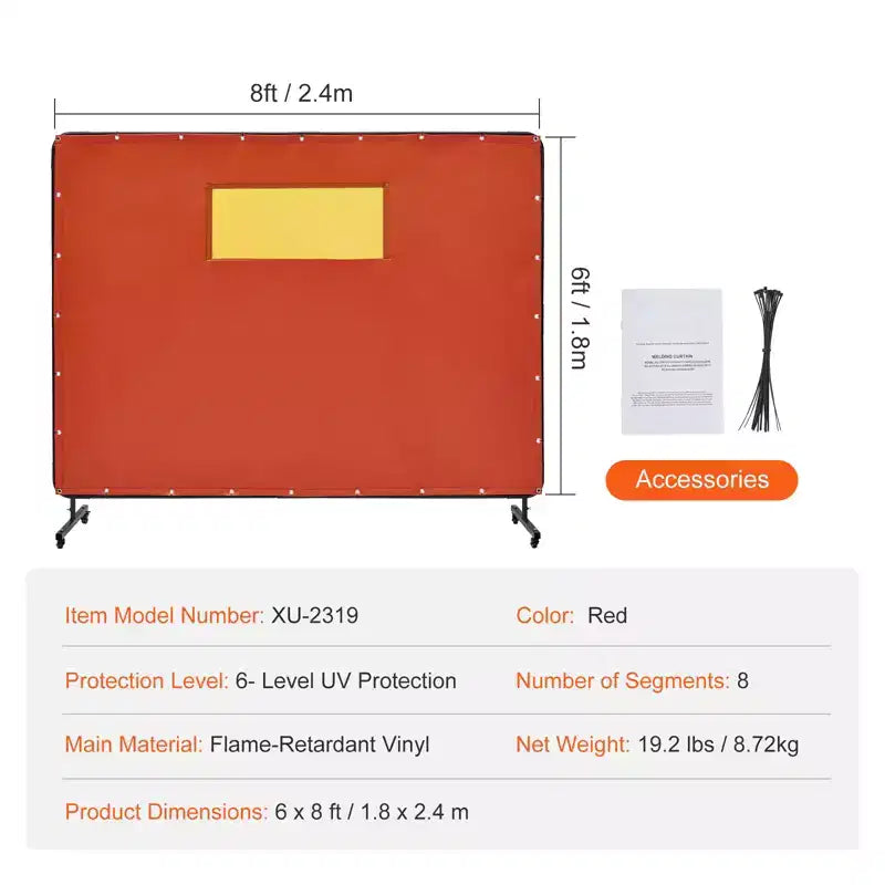 Pantalla de soldadura con marco, cortina de soldadura de vinilo de 1,8 x 2,4 m, ignífuga, pantalla protectora de soldadura con 4 ruedas giratorias, rojo