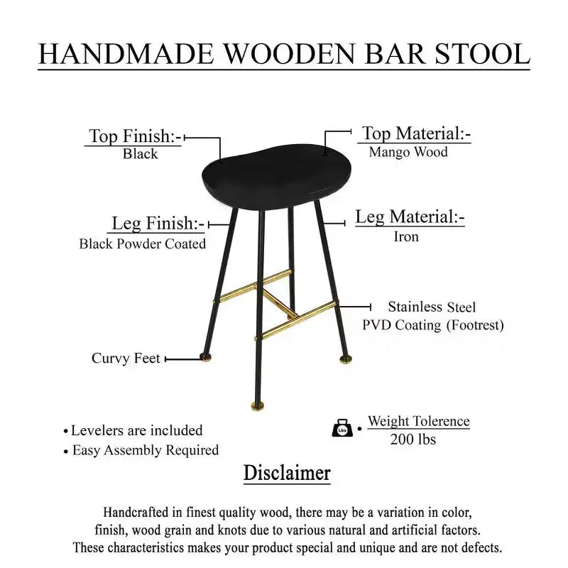 Taburete de barra sin respaldo de 24 pulgadas con asiento de madera de mango | Patas de hierro negro | Reposapiés dorado